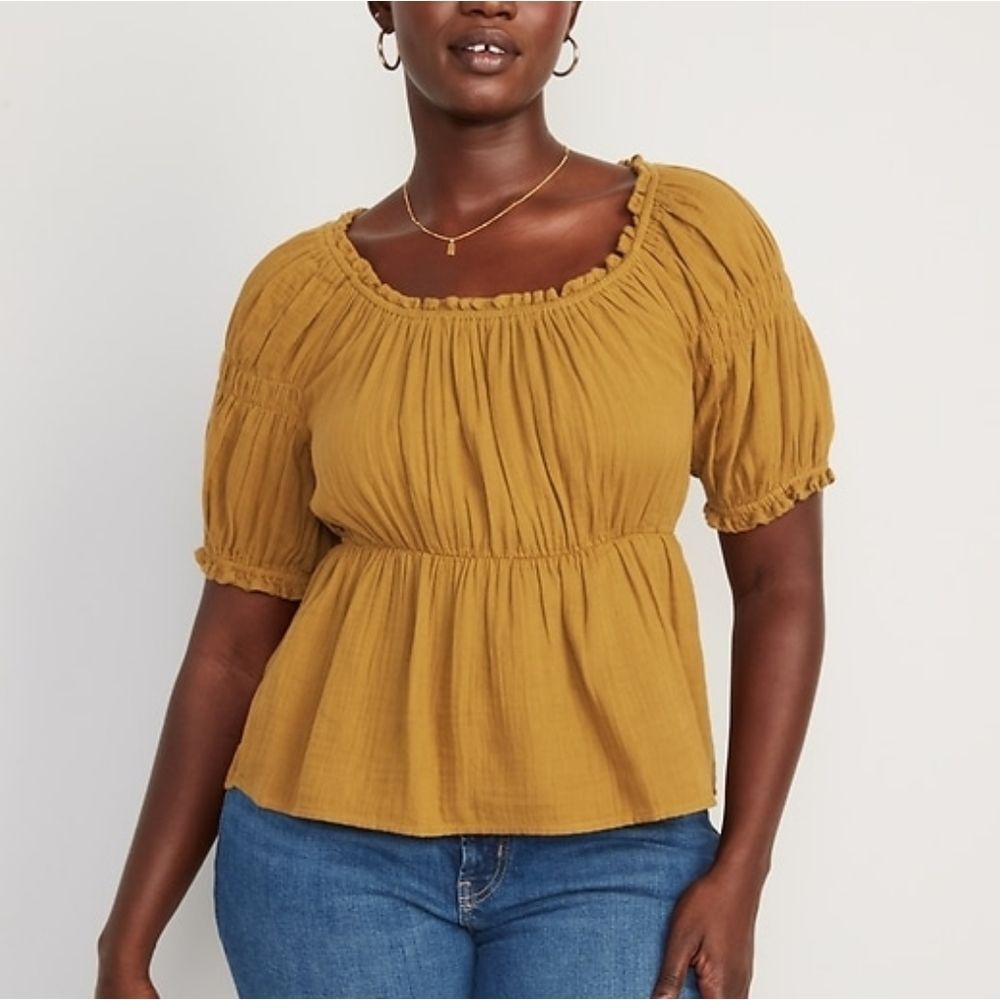 Old Navy Mustard Peasant Top with Short Puff Sleeves